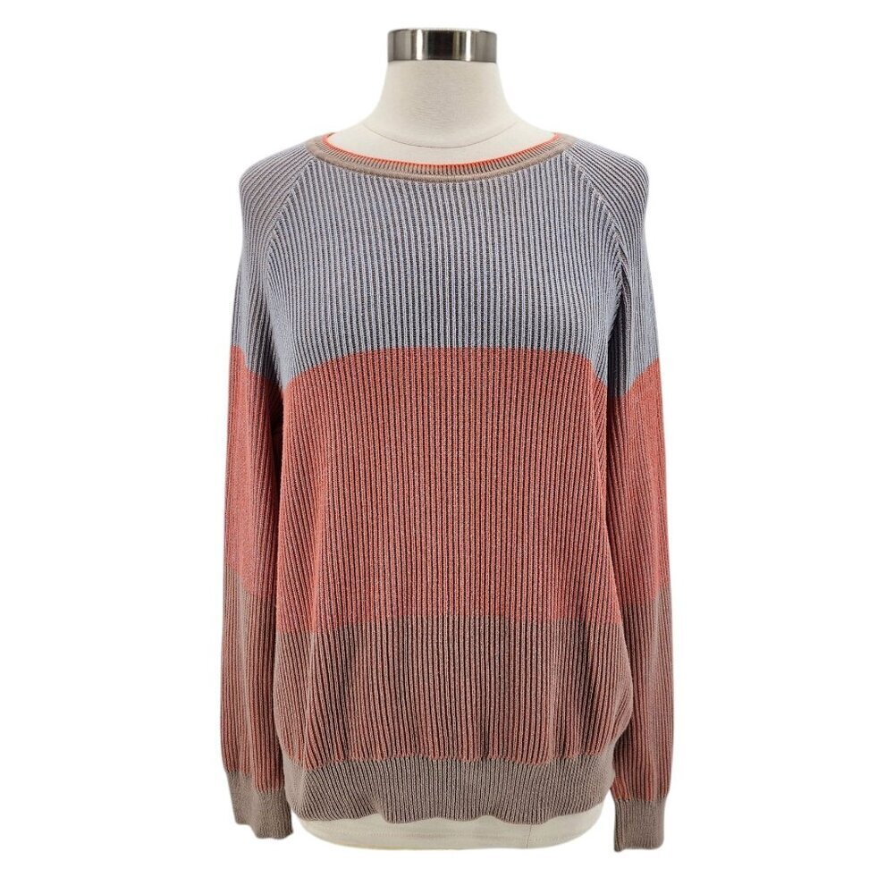 Prana Branagan Sweater Organic Cotton Blue Orange Taupe Rib Knit Sweater Medium